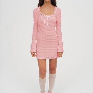 For Love & Lemons Pink Crocheted Ribbon-Trim Knit Top
